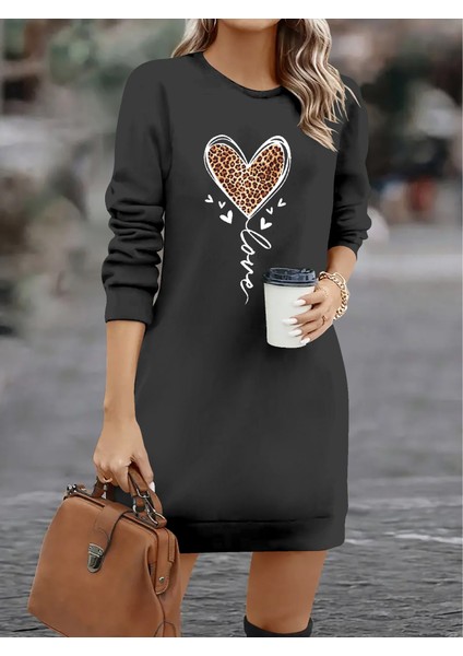 Munn Collection Kadın Uzun Kollu Bisiklet Yaka Kalp Desenli Kısa Viskon Elbise