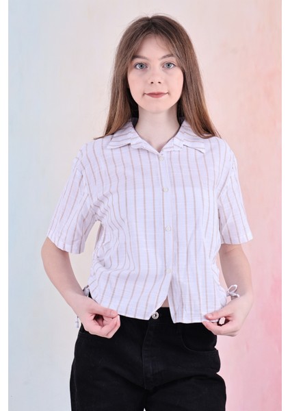 Kız Çocuk Büzgü Detaylı-Çizgi Desenli Crop Gömlek 6-14 Yaş 12251