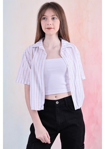 Kız Çocuk Büzgü Detaylı-Çizgi Desenli Crop Gömlek 6-14 Yaş 12251