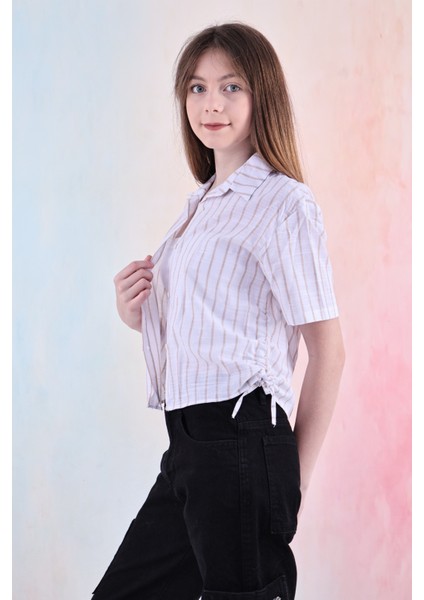 Kız Çocuk Büzgü Detaylı-Çizgi Desenli Crop Gömlek 6-14 Yaş 12251