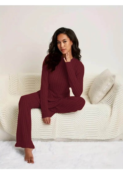 Munn Collection Kadın Uzun Kollu Yuvarlak Yaka Yandan Yırtmaç Detaylı Şardonlu Kaşkorse Bluz ve Pantolon Ikili Takım