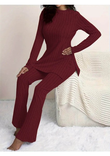 Munn Collection Kadın Uzun Kollu Yuvarlak Yaka Yandan Yırtmaç Detaylı Şardonlu Kaşkorse Bluz ve Pantolon Ikili Takım fırsatları