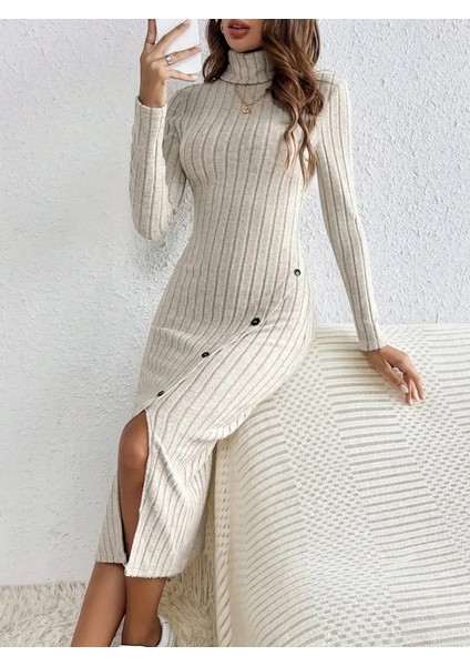 Munn Collection Kadın Uzun Kollu Balıkçı Yaka Yırtmaçlı Düğmeli Şardonlu Kaşkorse Elbise(Kemersiz)