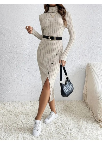 Munn Collection Kadın Uzun Kollu Balıkçı Yaka Yırtmaçlı Düğmeli Şardonlu Kaşkorse Elbise(Kemersiz)