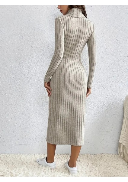 Munn Collection Kadın Uzun Kollu Balıkçı Yaka Yırtmaçlı Düğmeli Şardonlu Kaşkorse Elbise(Kemersiz)
