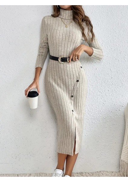 Munn Collection Kadın Uzun Kollu Balıkçı Yaka Yırtmaçlı Düğmeli Şardonlu Kaşkorse Elbise(Kemersiz)