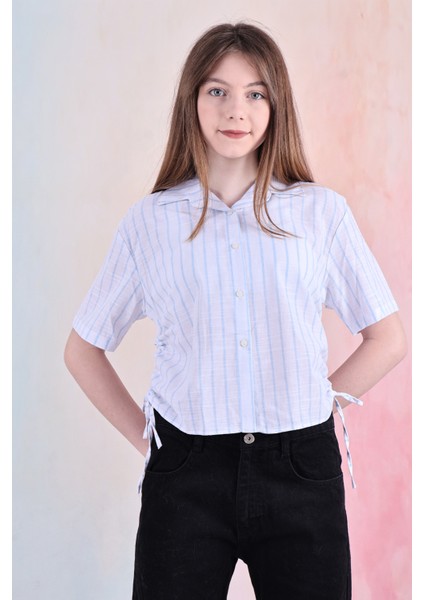Kız Çocuk Büzgü Detaylı-Çizgi Desenli Crop Gömlek 6-14 Yaş 12251