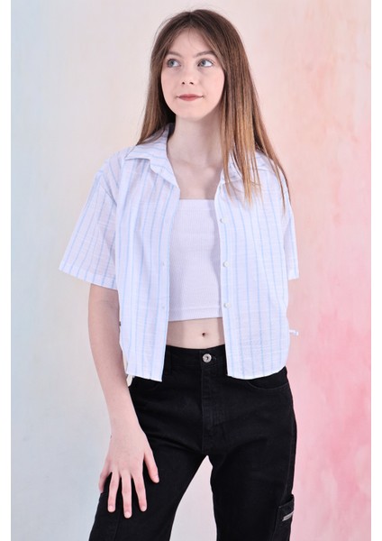 Kız Çocuk Büzgü Detaylı-Çizgi Desenli Crop Gömlek 6-14 Yaş 12251