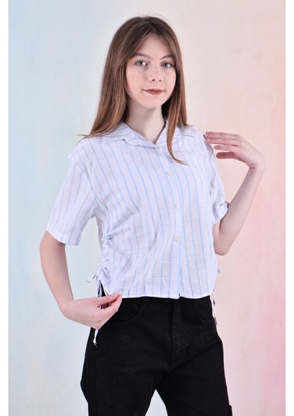 Kız Çocuk Büzgü Detaylı-Çizgi Desenli Crop Gömlek 6-14 Yaş 12251