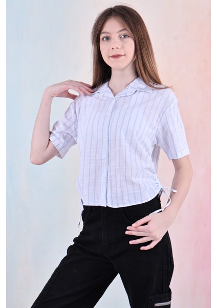 Kız Çocuk Büzgü Detaylı-Çizgi Desenli Crop Gömlek 6-14 Yaş 12251