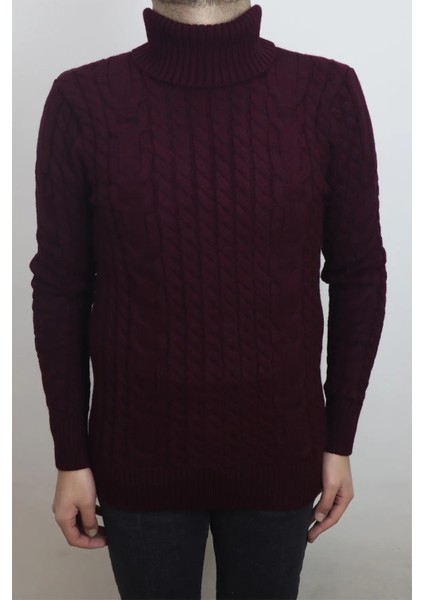 Fistan Store Erkek Bordo Desenli Spor Kesim Dar Kalıp Tam Balıkçı Yaka Kışlık Yünlü Kazak