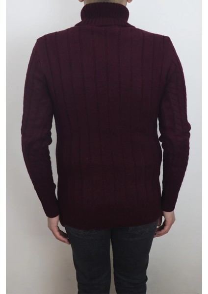 Fistan Store Erkek Bordo Desenli Spor Kesim Dar Kalıp Tam Balıkçı Yaka Kışlık Yünlü Kazak