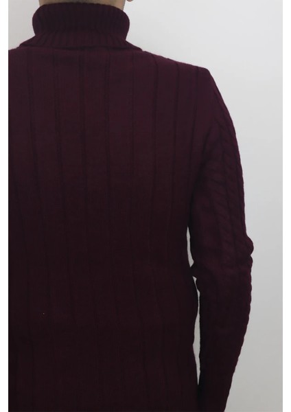 Fistan Store Erkek Bordo Desenli Spor Kesim Dar Kalıp Tam Balıkçı Yaka Kışlık Yünlü Kazak