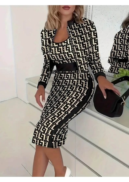 Munn Collection Kadın Uzun Kollu Askılı Yuvarlak Yaka Desenli Dalgıç Bluz Ceket ve Etek Üçlü Takım