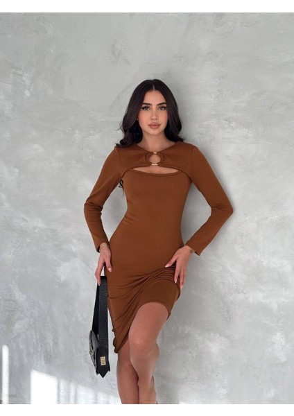 Munn Collection Kadın Uzun Kollu Halka ve Pencere Dekolte Detay Fırsat Ürün Midi Boy Elbise