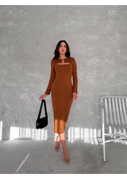 Munn Collection Kadın Uzun Kollu Halka ve Pencere Dekolte Detay Fırsat Ürün Midi Boy Elbise fiyatları