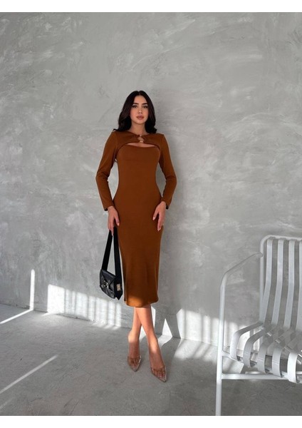 Munn Collection Kadın Uzun Kollu Halka ve Pencere Dekolte Detay Fırsat Ürün Midi Boy Elbise modelleri