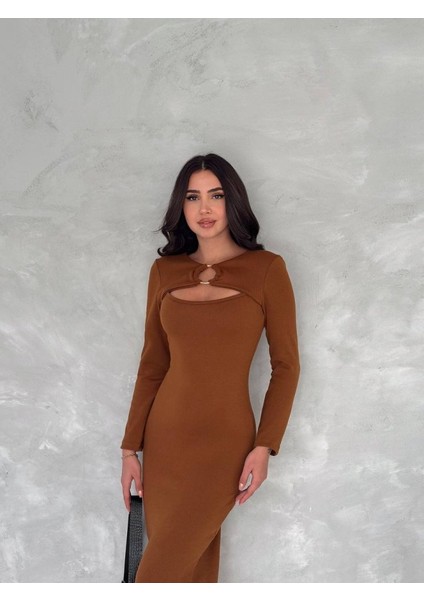 Munn Collection Kadın Uzun Kollu Halka ve Pencere Dekolte Detay Fırsat Ürün Midi Boy Elbise fırsatları