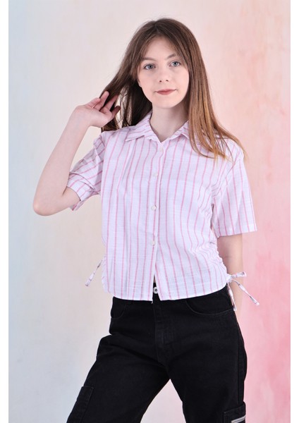 Kız Çocuk Büzgü Detaylı-Çizgi Desenli Crop Gömlek 6-14 Yaş 12251