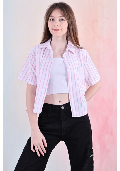 Kız Çocuk Büzgü Detaylı-Çizgi Desenli Crop Gömlek 6-14 Yaş 12251