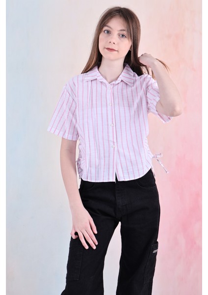 Kız Çocuk Büzgü Detaylı-Çizgi Desenli Crop Gömlek 6-14 Yaş 12251