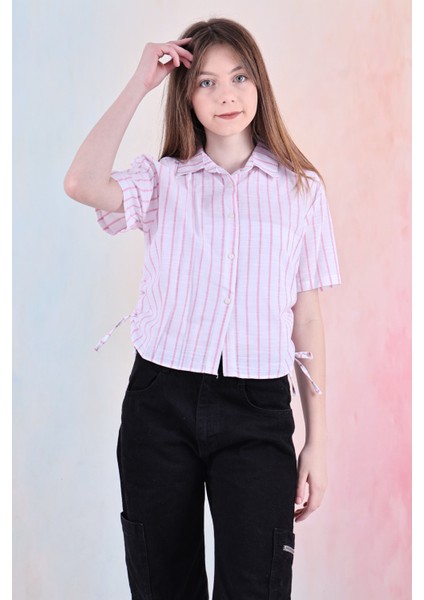 Kız Çocuk Büzgü Detaylı-Çizgi Desenli Crop Gömlek 6-14 Yaş 12251
