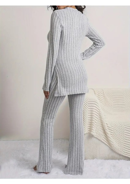 Munn Collection Kadın Uzun Kollu Yuvarlak Yaka Yandan Yırtmaç Detaylı Şardonlu Kaşkorse Bluz ve Pantolon Ikili Takım fiyatları