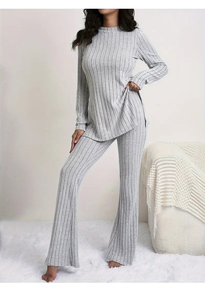 Munn Collection Kadın Uzun Kollu Yuvarlak Yaka Yandan Yırtmaç Detaylı Şardonlu Kaşkorse Bluz ve Pantolon Ikili Takım modelleri