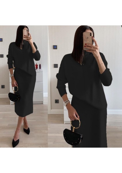 Munn Collection Kadın Uzun Kollu Boğazlı Kazak ve Yanı Yırtmaçlı Etek Akrilik Ikili Takım