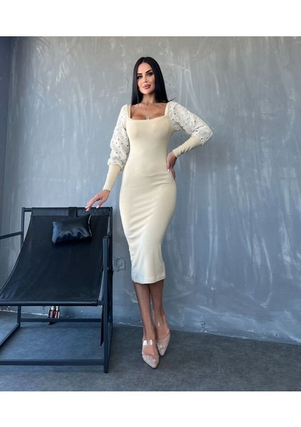 Munn Collection Kadın Kare Yaka Kolları Manşet ve Tül Detay Fırsat Ürün Midi Boy Elbise modelleri