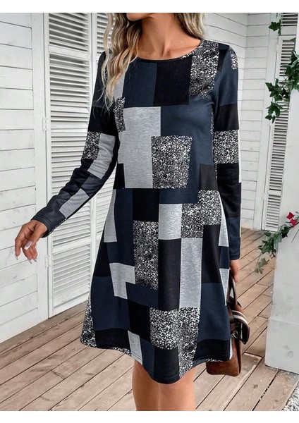 Munn Collection Kadın Uzun Kollu Yuvarlak Yaka Geometrik Süprem Elbise modelleri
