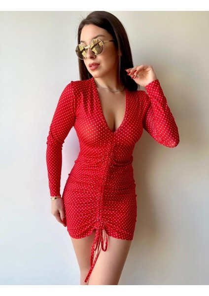 Munn Collection Kadın V Yaka Önü Asansör Büzgü Detay Fırsat Ürün Puantiyeli Mini Elbise fiyatları