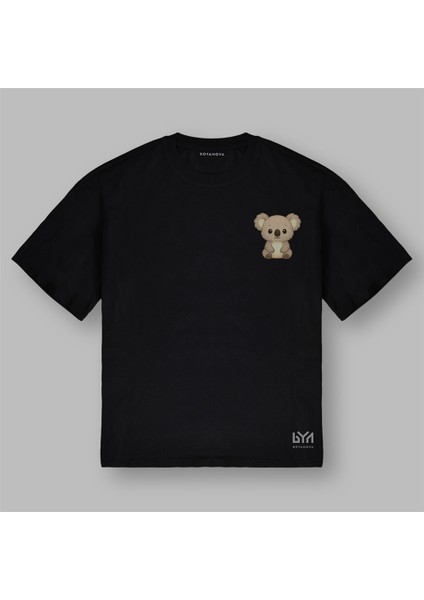 Koala Figürlü Oversize Siyah Tişört