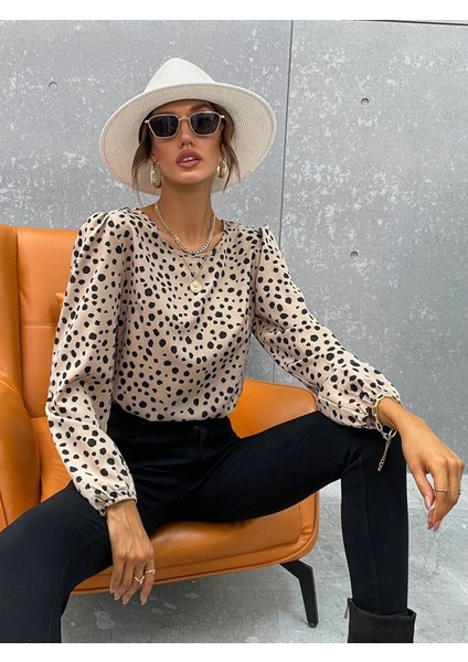 Munn Collection Kadın Uzun Kollu Bisiklet Yaka Desenli Bluz modelleri