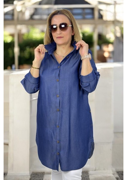 Düğme Detaylı Gömlek Yaka Oval Kesim Önden Düğmeli Uzun Kol Büyük Beden Tnsel Gömlek