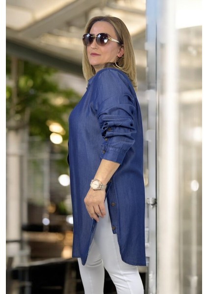 Düğme Detaylı Gömlek Yaka Oval Kesim Önden Düğmeli Uzun Kol Büyük Beden Tnsel Gömlek modelleri