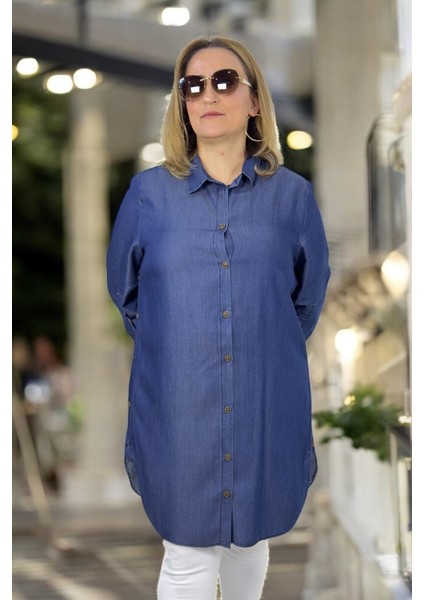 Düğme Detaylı Gömlek Yaka Oval Kesim Önden Düğmeli Uzun Kol Büyük Beden Tnsel Gömlek fırsatları