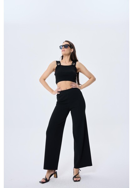 Memphis Trouser Kadın Rahat Kesim Triko Pantolon - Siyah