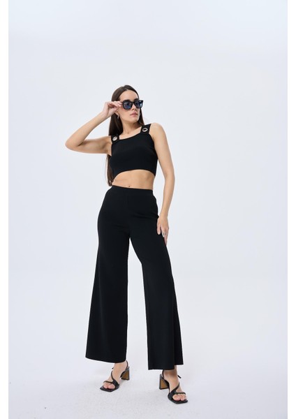 Memphis Trouser Kadın Rahat Kesim Triko Pantolon - Siyah