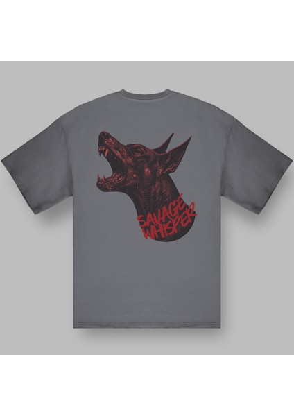 Doberman Baskılı Vahşi Stil Oversize Gri Tişört