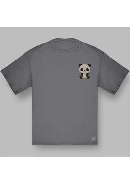 Panda Figürlü Oversize Gri Tişört