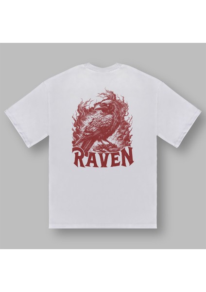 Kırmızı Kuzgun Raven Baskılı Beyaz Tişört