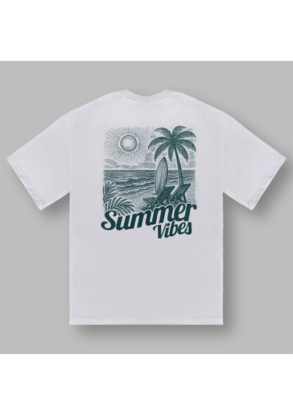 Summer Vibes Palmiye Desenli Oversize Beyaz Tişört