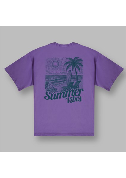 Summer Vibes Palmiye Desenli Oversize Mor Tişört