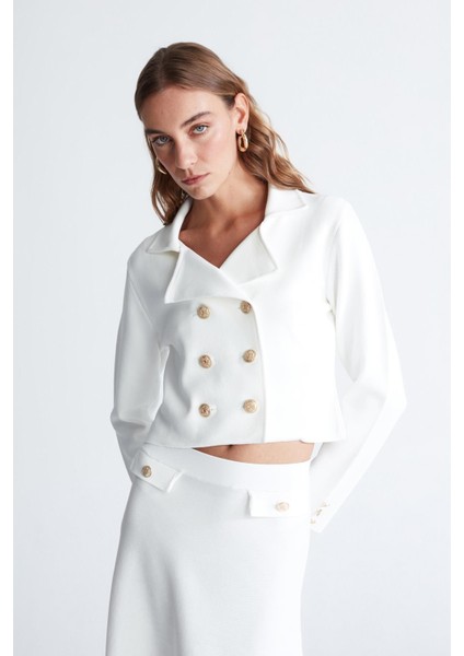 Styleboom x Peraluna Kathy Blazer Çelik Örgü Crop Kruvaze Blazer Kadın Triko Ceket - Ekru