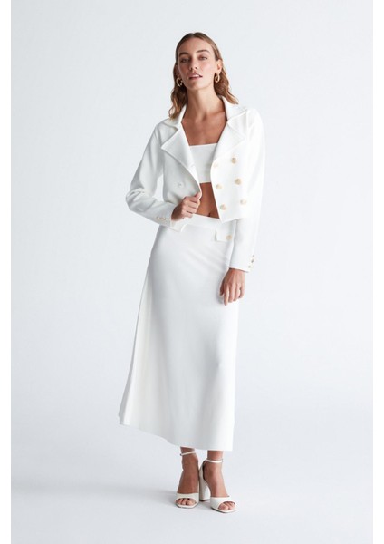 Styleboom x Peraluna Kathy Blazer Çelik Örgü Crop Kruvaze Blazer Kadın Triko Ceket - Ekru