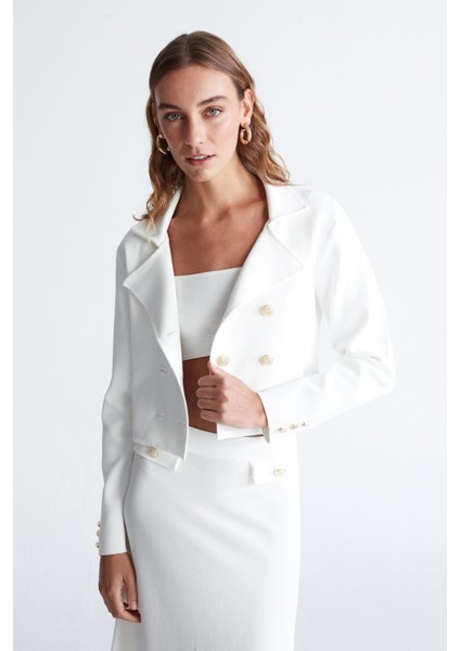 Styleboom x Peraluna Kathy Blazer Çelik Örgü Crop Kruvaze Blazer Kadın Triko Ceket - Ekru