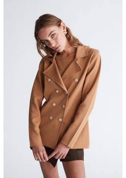 Styleboom x Peraluna Katherıne Blazer Çelik Örgü Klasik Kesim Düğmeli Blazer Kadın Triko Ceket - Camel
