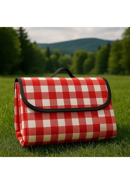 Kendinden Çantalı Kırmızı Ekose Piknik Örtüsü 150X150 cm Taşınabilir Cırtlı Piknik Matı Taşıma Kordonlu Ince Katlanabilir Örtü fırsatları