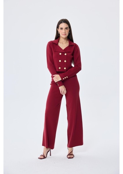Styleboom x Peraluna Kathy Blazer Çelik Örgü Crop Kruvaze Blazer Kadın Triko Ceket - Bordo